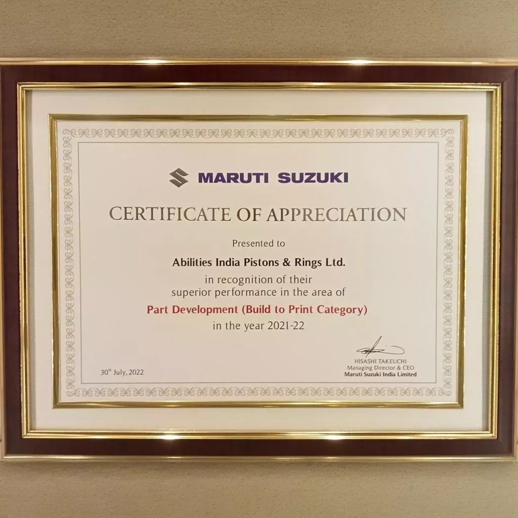 Certification- Certificate of Appreciation from Maruti Suzuki Part Development Build to Print Category